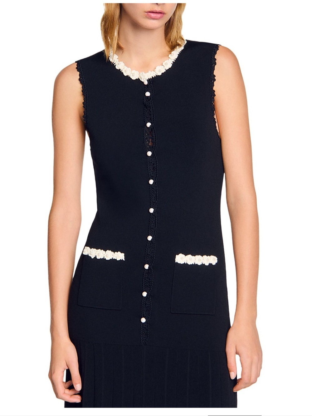 SANDRO Scalloped-Trim Knitted Black & White Floral Detail Maxi Dress Size 34 - Picture 5 of 13